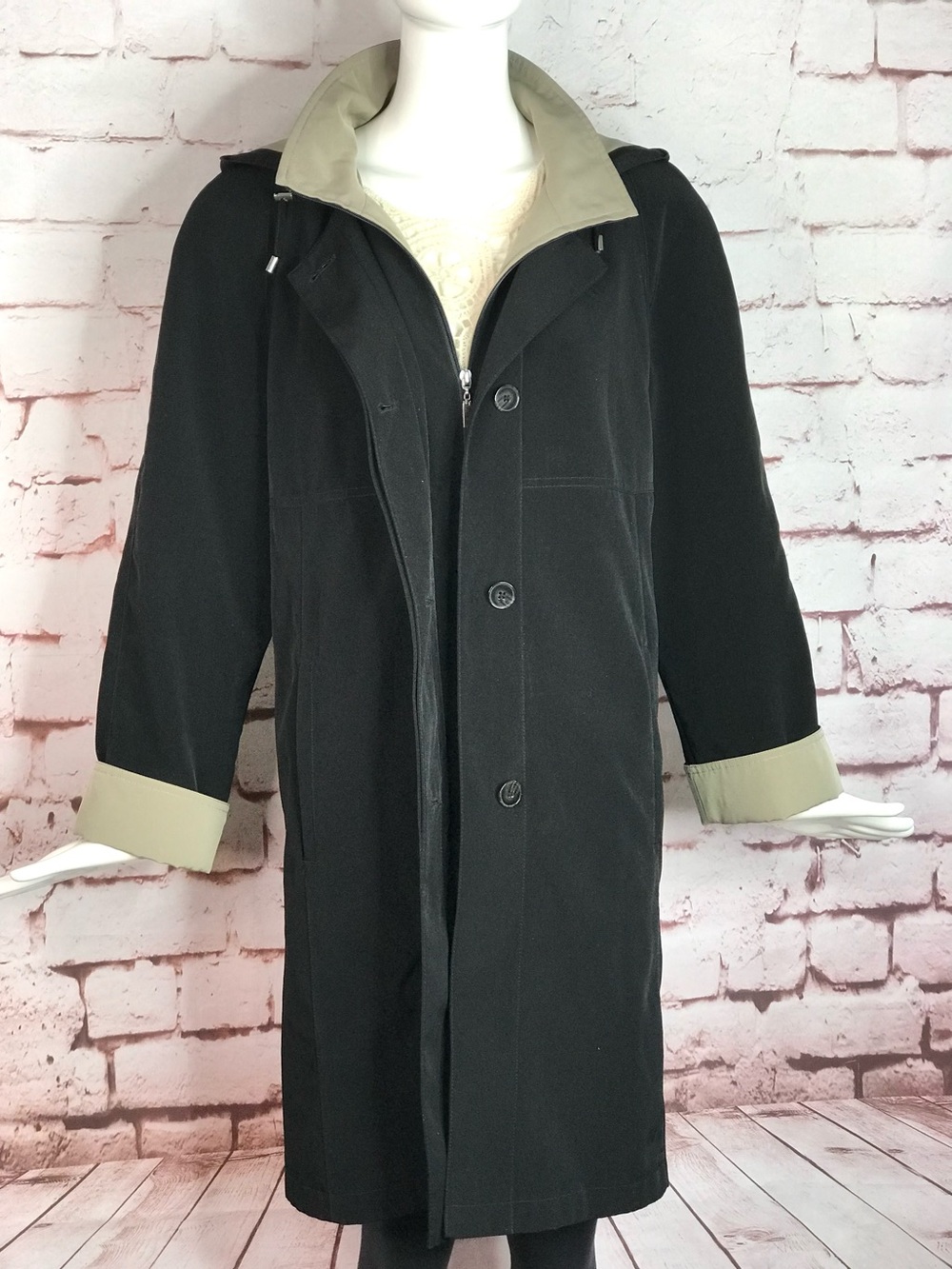 GALLERY Black & Taupe Trench Coat Raincoat detach Hood Size Medium 37” Length - Picture 16 of 16